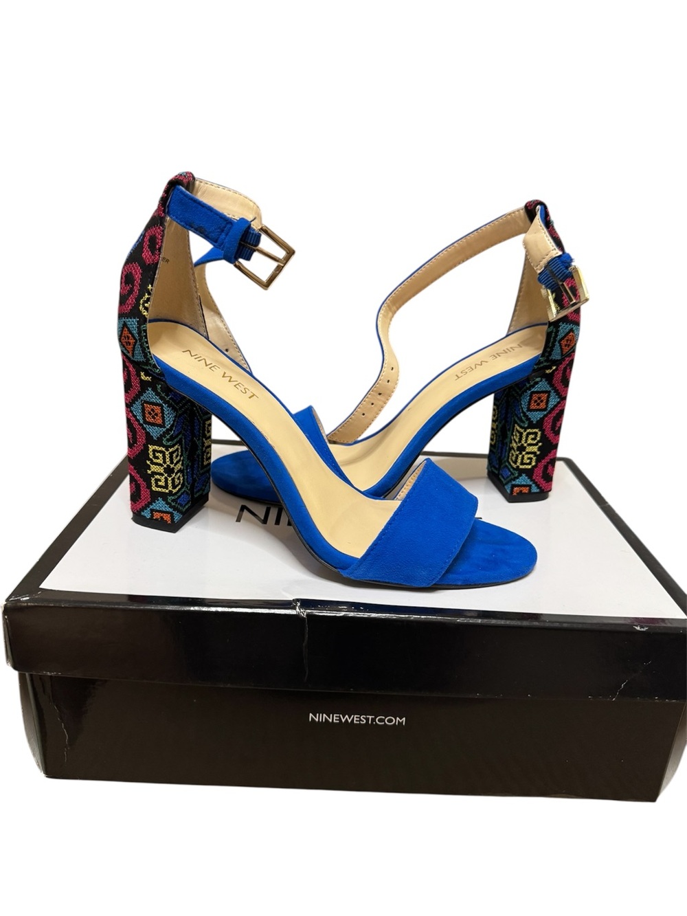 Nine West Royal Blue Embroidered Block Heel Sandals